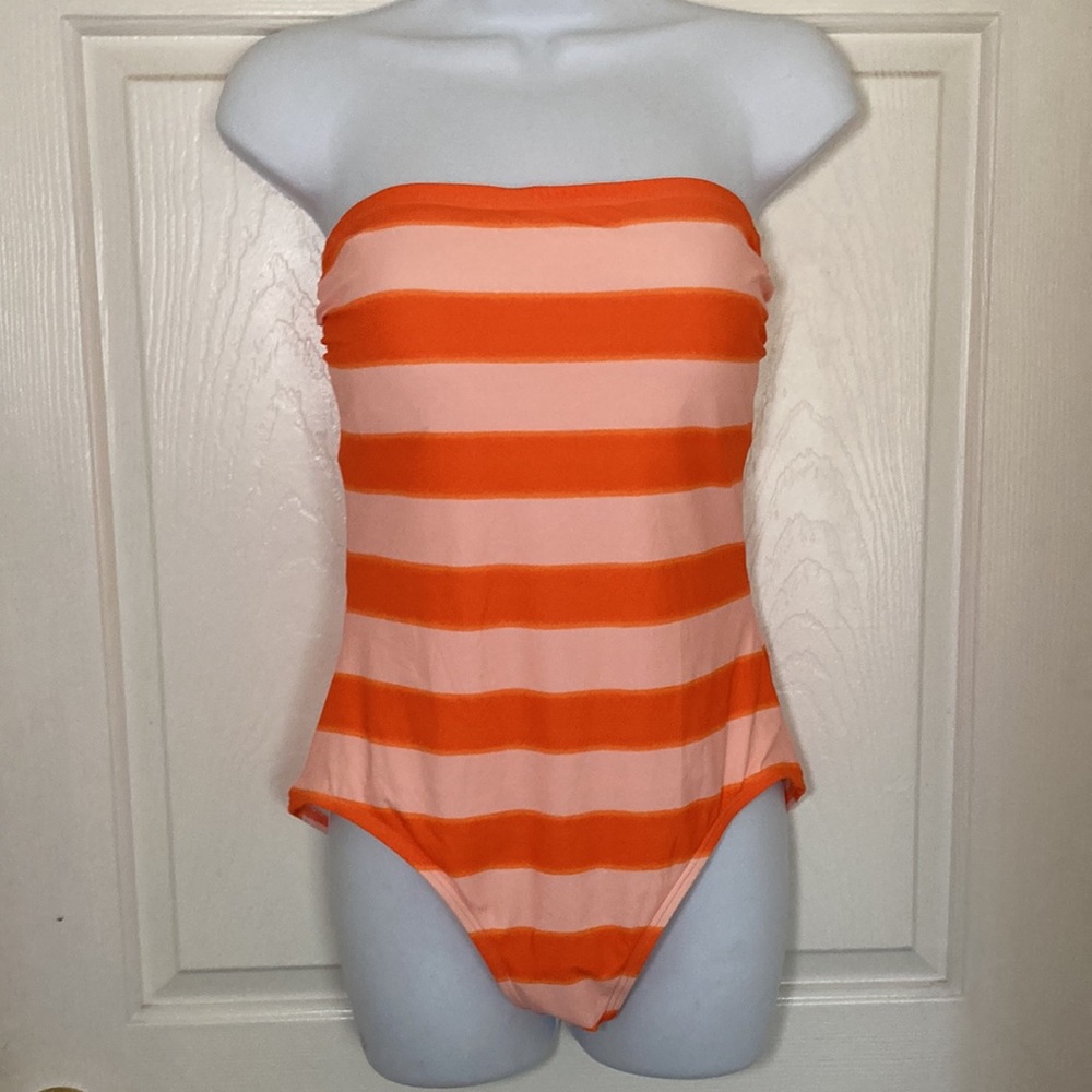 Kate Spade NY Awning Stripe Classic Bandeau 1-Pc Detach Strap Orange Soda Lg NWT